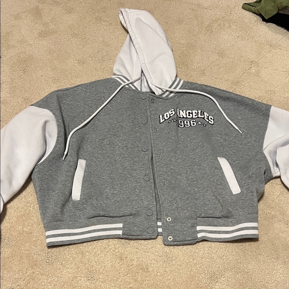 Rue 21 Fleece Sweatshirt Bomber Jacket Gray and White Varsity Jacket Size 1X